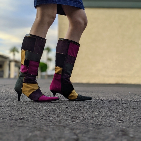 Vintage Patchwork Rainbow Clown Style Calf High Boots - Size 9.5W - Picture 3 of 8